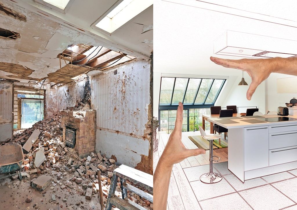 Before and after of a full house renovation: gutted room transformed into a modern kitchen